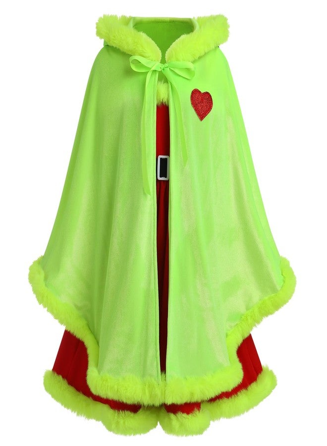 IMEKIS Kids for Girl Santa Mrs Claus Christmas Outfit Princess Gingham with Winter Velvet Cape Cloak Toddler Elf Xmas Holiday Photoshoot Red Green 3-4T - Image 2